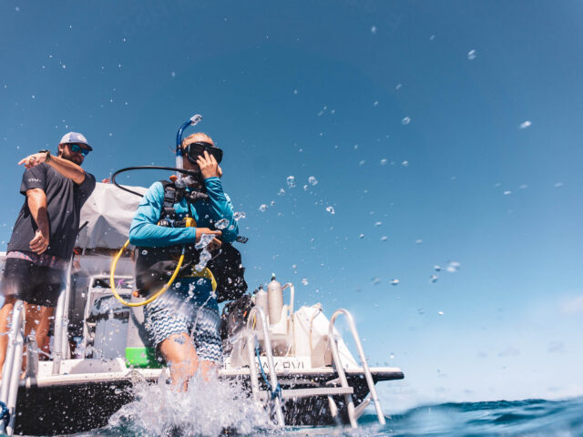 Diver guiding a camper into the water with dive gear.