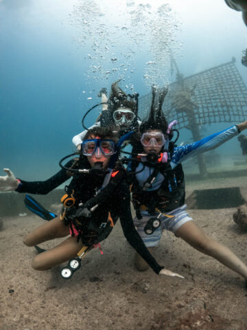 Campers diving underwater.