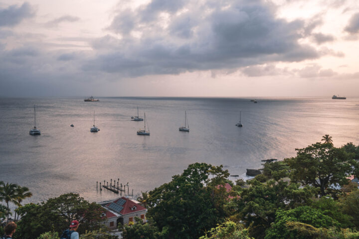A view of the ocean from a hill overlooking a harbor.