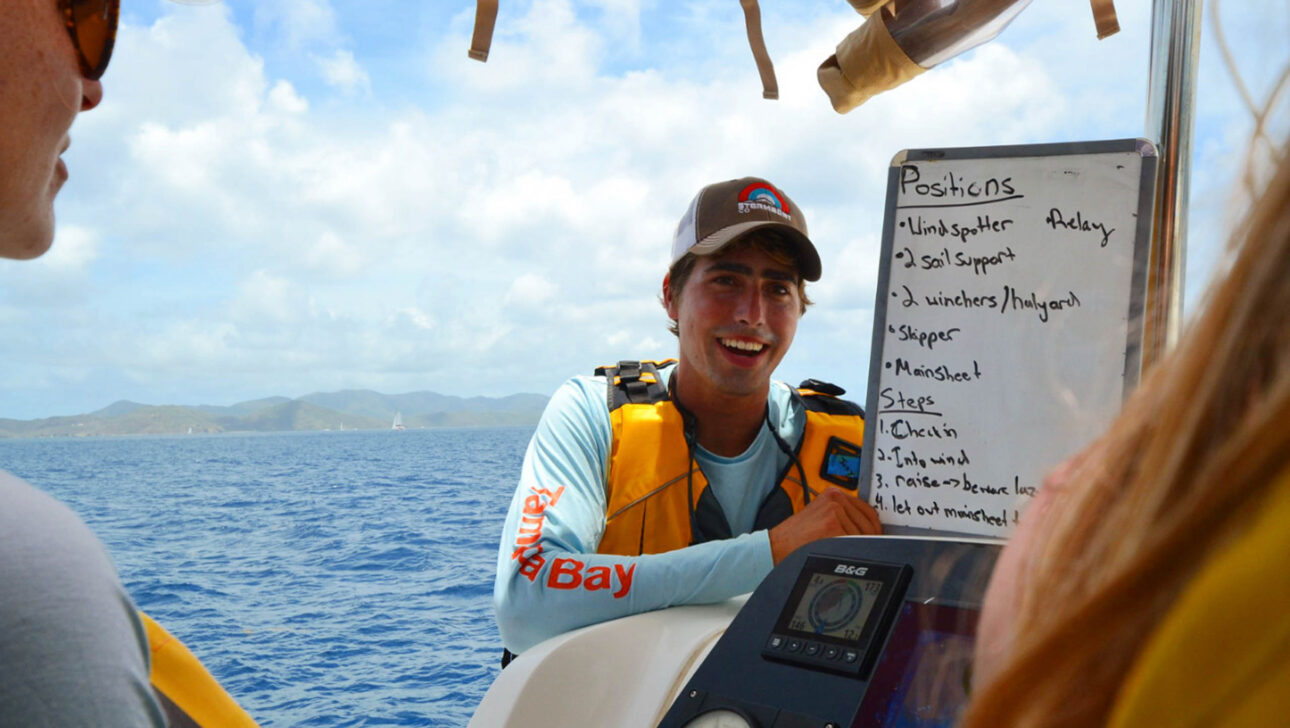 A man in a life jacket on a boat.