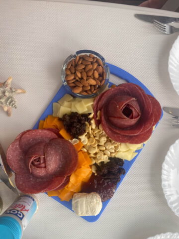 A tray of food on a table.